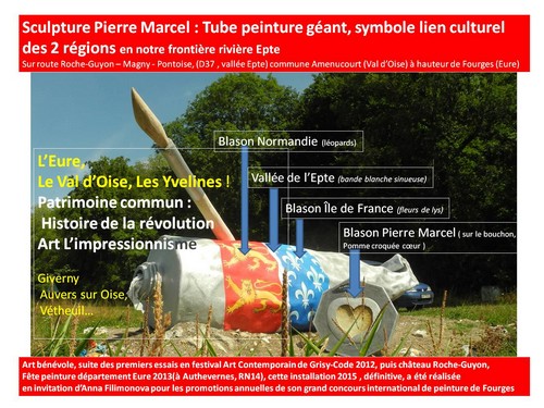 Sculpture Pierre Marcel : Tube peinture gant, symbole lien culturel des 2 rgions en notre frontire rivire Epte Sur route Roche-Guyon - Magny - Pontoise, (D37 , valle Epte) commune Amenucourt (Val d'Oise)  hauteur de Fourges (Eure)