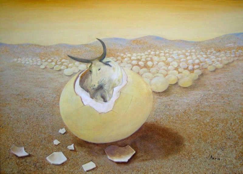 Qui vole un boeuf vole un oeuf... non, qui vole un oeuf vole un boeuf ! Peinture par Marie à l'Atelier du Pommier, Saint Clair sur Epte