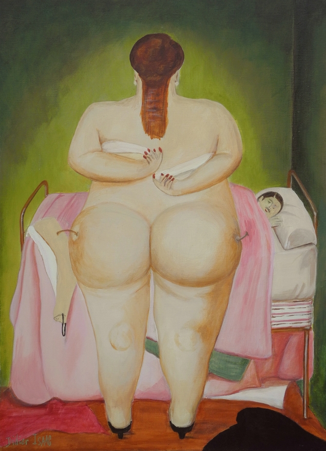 Femme mettant son soutien gorge, Botero, pomologis par Didier Isaac en 2007 : les fesses en pommes