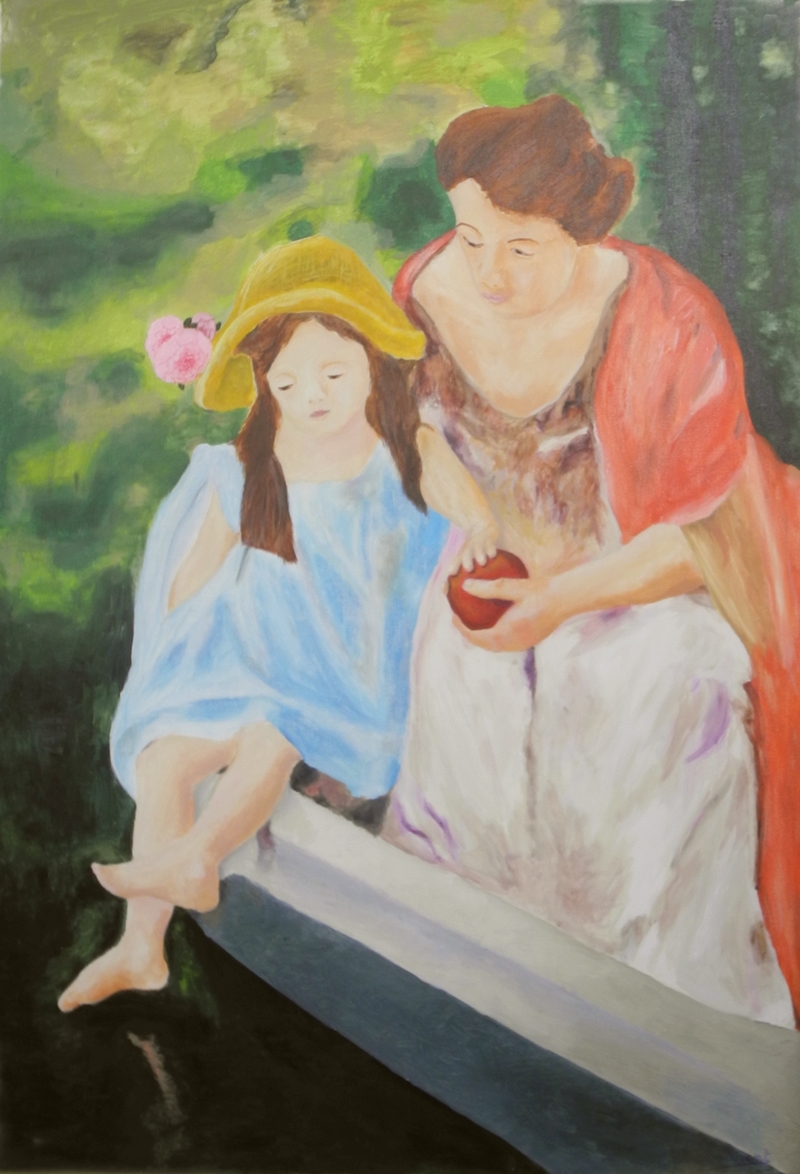 Copie, interprtation par Laurent Paracini (Gisors,  EURE)  Mre et enfant dans un bateau 1920 Huile sur toile 115,5 x 81 cm de Mary Cassatt