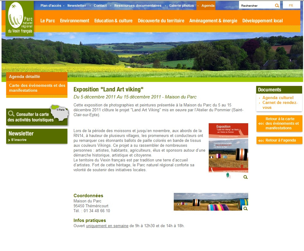 Capture cran Site internet du Parc naturel rgional Vexin franais, agenda culturel Exposition "Land Art viking"