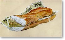 Sandwich with a 500F French note, drawn by Pierre Marcel while studying at the Montparnasse School